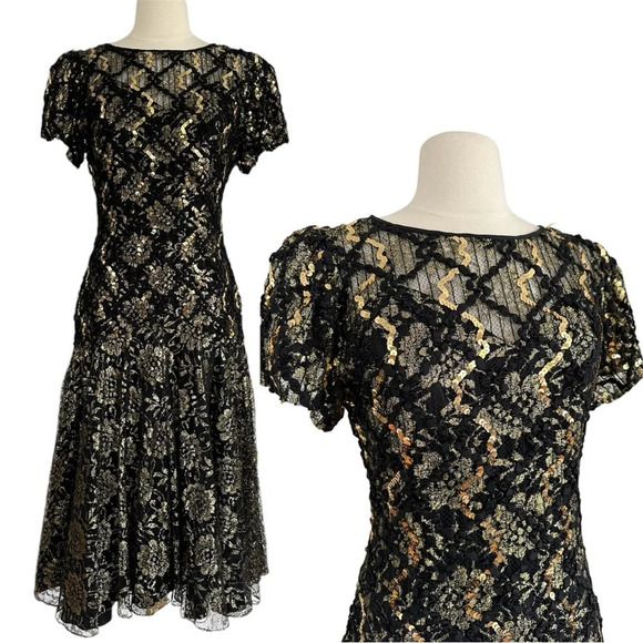 Vintage 80s Sequin Evening Dress Black Gold Floral Lace Size Small Formal - Picture 1 of 14